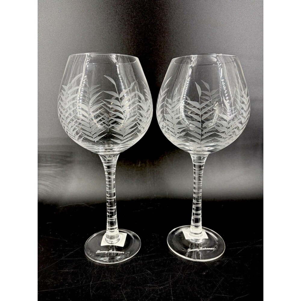 Tommy Bahama Etched Palm Tree Balloon Red Wine Glasses Set of 2 NEW